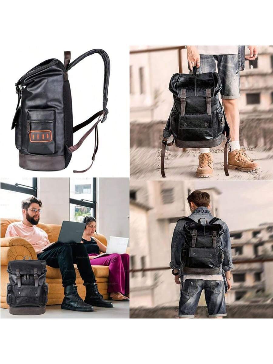 Vintage Zipper - Vintage Black Leather Laptop Backpack For